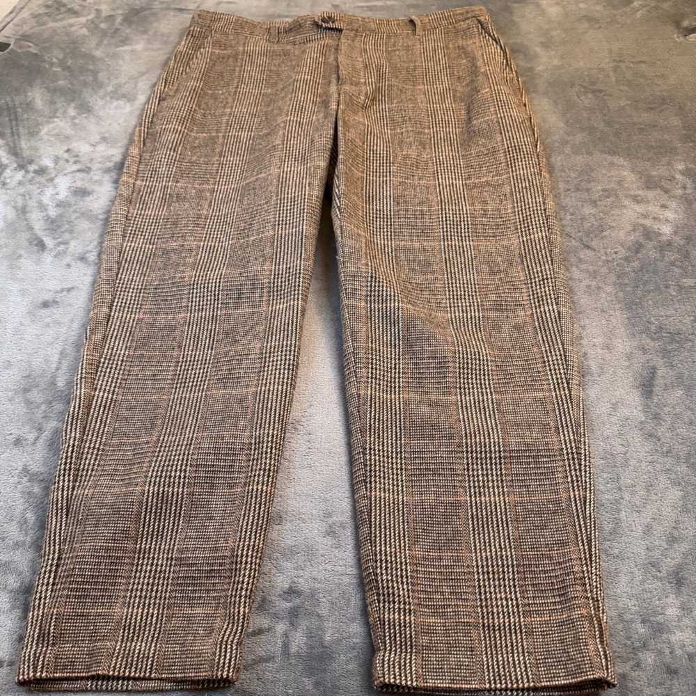 Houston White Plaid Dress Pants Mens Fits Mens 38x28" Brown Wool Blend Trousers